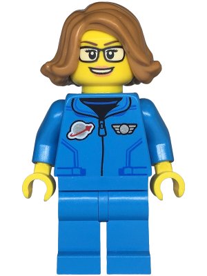 LEGO part Space Scientist - Female, Dark Azure Jumpsuit, Medium Nougat Hair, Glasses, Open Mouth Smile (twn479)