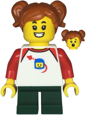 LEGO onderdeel Child - Girl, White Classic Space Shirt with Red Sleeves, Dark Green Short Legs, Dark Orange Pigtails (twn480)