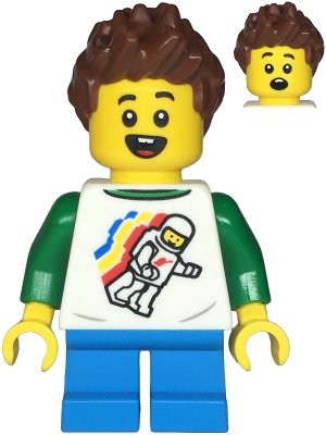 LEGO onderdeel Child - Boy, Classic Space Shirt with Minifigure Floating and Back Print, Dark Azure Short Legs, Reddish Brown Spiked Hair (twn481)