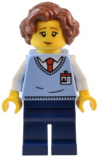 LEGO onderdeel Natural History Museum Employee - Female, Bright Light Blue Sweater Vest with ID Badge, Dark Blue Legs, Reddish Brown Hair twn484