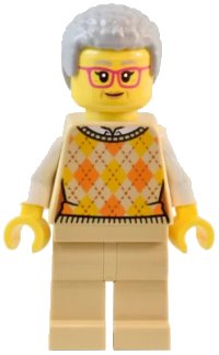 LEGO onderdeel Natural History Museum Visitor - Female, Tan Knit Argyle Sweater Vest, Tan Legs, Light Bluish Gray Coiled Hair, Glasses twn491