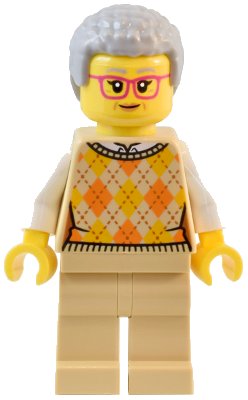 LEGO onderdeel Natural History Museum Visitor - Female, Tan Knit Argyle Sweater Vest, Tan Legs, Light Bluish Gray Coiled Hair, Glasses (twn491)