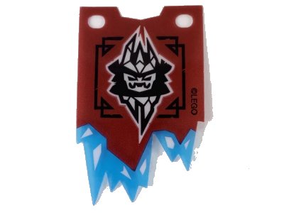 LEGO onderdeel Plastic Part for Set 70678 - Dark Red Tattered Flag with Black and White Ice Emperor Crest and Trans-Light Blue Icicles, LEGO Copyright on Right Pattern (70678pls01a)