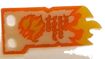 LEGO onderdeel Plastic Part for Sets 70673, 70674, 70675, 70676, 70677, 70678, and 70684 - Tan Tattered Flag with Trans-Orange Border, Yellow Flames, Ninjago Logogram Letter S and 'THE FORBIDDEN ART' Pattern (multipls16c)