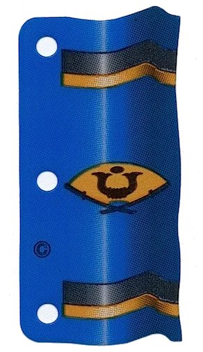 LEGO onderdeel Plastic Part for Sets  4805, 6013, 6083-2, 6089 and 6093 - Blue Flag with Black and Gold Stripes and Fan with Crossed Katanas, Horns and Dot Pattern (multipls18)