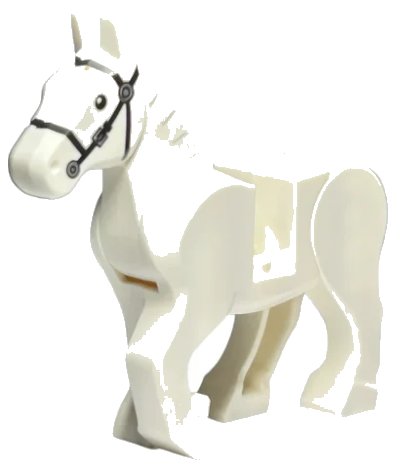 LEGO onderdeel Horse, Movable Legs with Black Eyes, White Pupils and Single Buckle Black Bridle Pattern (10352c01pb06)