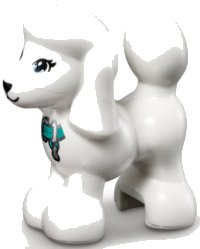 LEGO part Dog, Friends, Poodle with Bright Light Blue Eyes, Black Nose and Mouth, and Dark Turquoise Collar with Silver Buckle and Tag Pattern 11575pb04
