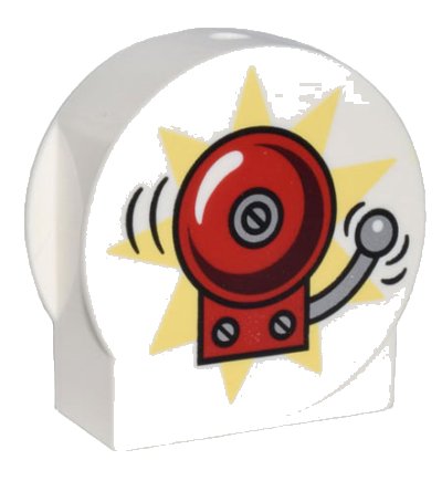 LEGO onderdeel Duplo, Brick 1 x 2 x 2 Round Top, Cut Away Sides with Ringing Red Fire Alarm Bell on Bright Light Yellow Starburst Pattern (14222pb025)