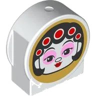 LEGO part Duplo, Brick 1 x 2 x 2 Round Top, Cut Away Sides with Female Head with Black Hair, Bright Pink Eye Shadow, and Red Lips / Male Head with Mask on Gold Background on Opposite Sides Pattern 14222pb026