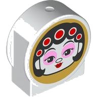 LEGO onderdeel Duplo, Brick 1 x 2 x 2 Round Top, Cut Away Sides with Female Head with Black Hair, Bright Pink Eye Shadow, and Red Lips / Male Head with Mask on Gold Background on Opposite Sides Pattern (14222pb026)