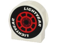 LEGO onderdeel Duplo, Steen 1 x 2 x 2 Rond Bovenkant, Uitgesneden Zijkanten met Rood en Donkerrood Wiel, Zwarte Band, en 'LIGHTYEAR' Patroon 14222pb030