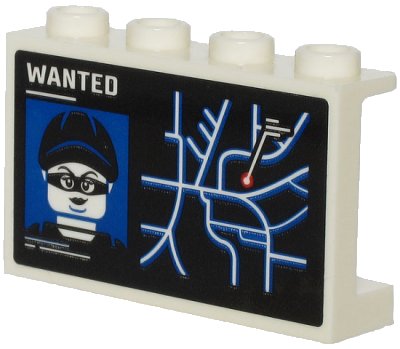 LEGO onderdeel Panel 1 x 4 x 2 with Side Supports - Hollow Studs with White 'WANTED', Minifigure on Wanted Poster and City Map Pattern (Sticker) - Set 60245 (14718pb029)