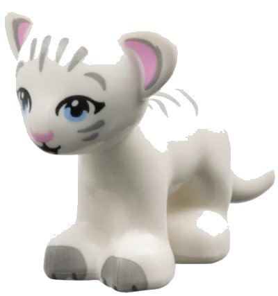 LEGO onderdeel Lion / Tiger, Friends / Elves, Baby Cub with Bright Light Blue Eyes, Bright Pink Nose, Light Bluish Gray Paws and Stripes Pattern (14734pb04)
