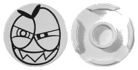 LEGO part Tile, Round 2 x 2 with Bottom Stud Holder with Black Large Squinting Eyes and Wide Grin with Sharp Teeth (Nixel Face) Pattern 14769pb005
