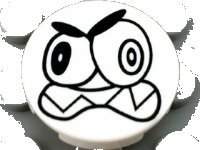 LEGO part Tile, Round 2 x 2 with Bottom Stud Holder with Black Large Eyes and Scowl with Sharp Teeth (Nixel Face) Pattern 14769pb006