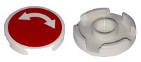 LEGO part Tile, Round 2 x 2 with Bottom Stud Holder with White Curved Arrow Double on Red Background Pattern (Sticker) - Sets 60052 / 60198 / 60200 / 60233 14769pb009