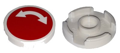 LEGO onderdeel Tile, Round 2 x 2 with Bottom Stud Holder with White Curved Arrow Double on Red Background Pattern (Sticker) - Sets 60052 / 60198 / 60200 / 60233 (14769pb009)