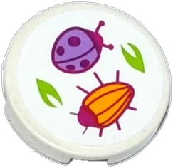 LEGO onderdeel Tile, Round 2 x 2 with Bottom Stud Holder with Ladybug (Ladybird), Beetle and Leaves Pattern (Sticker) - Set 41059 (14769pb015)