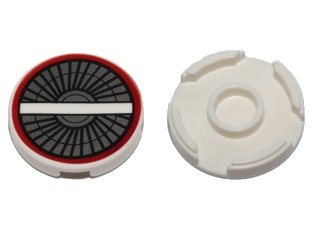 LEGO part Tile, Round 2 x 2 with Bottom Stud Holder with Engine Inlet, Vanes, White Crossbar and Dark Red Circle Pattern (14769pb022)