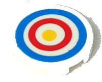 LEGO part Tile, Round 2 x 2 with Bottom Stud Holder with Blue and Red Circles and Yellow Dot Archery Target Pattern 14769pb086