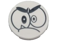 LEGO part Tile, Round 2 x 2 with Bottom Stud Holder with Black Large Eyes, Eyebrows and Closed Mouth with One Sharp Tooth (Nixel Face) Pattern 14769pb092