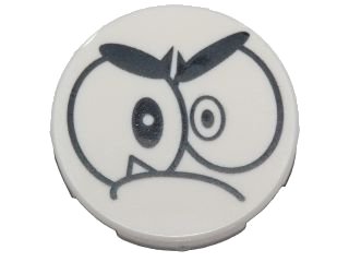 LEGO part Tile, Round 2 x 2 with Bottom Stud Holder with Black Large Eyes, Eyebrows and Closed Mouth with One Sharp Tooth (Nixel Face) Pattern (14769pb092)
