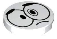 LEGO part Tile, Round 2 x 2 with Bottom Stud Holder with Black Large Sad Eyes, Eyebrows and Frown (Nixel Face) Pattern 14769pb118