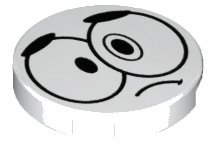 LEGO part Tile, Round 2 x 2 with Bottom Stud Holder with Black Large Sad Eyes, Eyebrows and Frown (Nixel Face) Pattern (14769pb118)