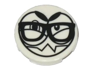 LEGO onderdeel Tile, Round 2 x 2 with Bottom Stud Holder with Black Large Eyes, Eyebrows, Sharp Teeth and Glasses (Nixel Face) Pattern (14769pb149)