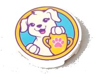 LEGO part Tile, Round 2 x 2 with Bottom Stud Holder with Puppy Dog, Yellow Trophy with Dark Pink Paw Print on Medium Azure Background Pattern 14769pb179