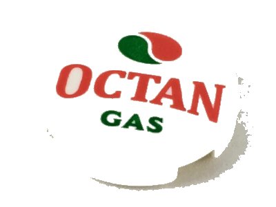 LEGO onderdeel Tile, Round 2 x 2 with Bottom Stud Holder with Octan Logo and 'OCTAN GAS' Pattern (14769pb243)
