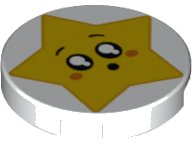 LEGO part Tile, Round 2 x 2 with Bottom Stud Holder with Star Face, Round Mouth, Black Eyes with White Pupils, Raised Eyebrows, Orange Cheeks Pattern 14769pb249