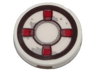 LEGO part Tile, Round 2 x 2 with Bottom Stud Holder with Dark Red and White Life Preserver, Gray Stains Pattern (Sticker) - Set 70419 14769pb287
