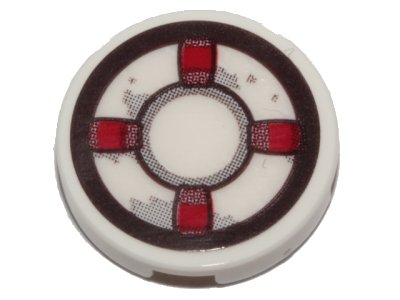 LEGO onderdeel Tile, Round 2 x 2 with Bottom Stud Holder with Dark Red and White Life Preserver, Gray Stains Pattern (Sticker) - Set 70419 (14769pb287)