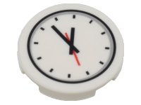 LEGO part Tile, Round 2 x 2 with Bottom Stud Holder with Clock and Red and Black Hands Pattern 14769pb356