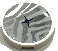 LEGO part Tile, Round 2 x 2 with Bottom Stud Holder with Cushion with White Tiger Stripes and Black Button on Silver Mirrored Background Pattern (Sticker) - Set 41341 14769pb486