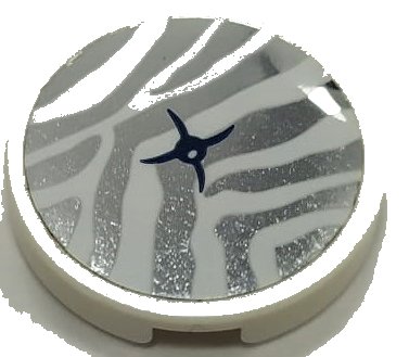 LEGO part Tile, Round 2 x 2 with Bottom Stud Holder with Cushion with White Tiger Stripes and Black Button on Silver Mirrored Background Pattern (Sticker) - Set 41341 (14769pb486)