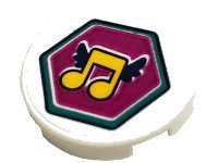 LEGO part Tile, Round 2 x 2 with Bottom Stud Holder with Bright Light Orange Music Notes with Black Wings in Magenta Hexagon Pattern (Sticker) - Sets 41368 / 41449 14769pb530