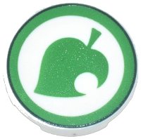LEGO part Tile, Round 2 x 2 with Bottom Stud Holder with Bright Green Leaf with Circle Cutout and Dark Green Border Pattern (Animal Crossing New Leaf Logo) 14769pb703