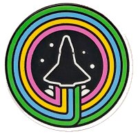 LEGO part Tile, Round 2 x 2 with Bottom Stud Holder with Space Shuttle, Smoke and Dots on Back Background in Bright Green, Medium Azure, Bright Light Orange and Bright Pink Concentric Circles Pattern 14769pb710