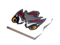 LEGO part Slope, Curved 2 x 2 x 2/3 with Dark Red and Silver Armor, Bright Light Orange Eyes (Wolf Legend Beast) Pattern 15068pb001
