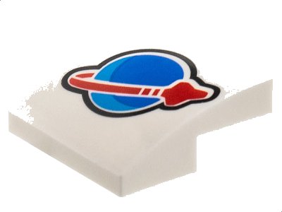 LEGO part Slope, Curved 2 x 2 x 2/3 with Blue and Red Classic Space Logo Pattern (15068pb403)