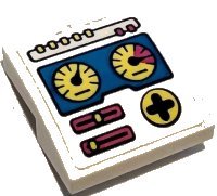 LEGO part Slope, Curved 2 x 2 x 2/3 with Control Panel with Buttons, Bright Light Yellow Gauges, Dark Pink Sliders, and Directional Pad Pattern (Sticker) - Set 41383 15068pb442