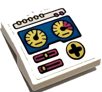 LEGO part Slope, Curved 2 x 2 x 2/3 with Control Panel with Buttons, Bright Light Yellow Gauges, Dark Pink Sliders, and Directional Pad Pattern (Sticker) - Set 41383 (15068pb442)