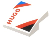 LEGO part Pente, Courbe 2 x 2 x 2/3 avec Triangles Noirs et Bleus, 'HUGO' Rouge et Motif de Rayures Diagonales Côté Modèle Gauche 15068pb606L