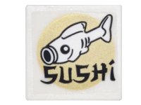 LEGO onderdeel Road Sign 2 x 2 Square with Open O Clip with Fish, Gold Circle and Black 'SUSHI' Pattern (Sticker) - Set 70620 15210pb034