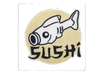LEGO onderdeel Road Sign 2 x 2 Square with Open O Clip with Fish, Gold Circle and Black 'SUSHI' Pattern (Sticker) - Set 70620 (15210pb034)