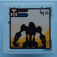 LEGO part Road Sign 2 x 2 Square with Open O Clip with Black Robot Silhouette (Bionicle Onua), Bright Light Orange Mountains, Mask, and Health Bars on Computer Screen Pattern (Sticker) - Set 70423 15210pb095