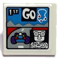 LEGO part Road Sign 2 x 2 Square with Open O Clip with Race Car, Track Outline, Gamer Minifigure, '1ST' and 'GO' Pattern (Sticker) - Set 70436 15210pb177