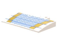 LEGO part Slope, Curved 5 x 8 x 2/3 with 4 Studs with 4 Gold Steps with Bright Light Blue Runner, Metallic Light Blue Filigree Pattern 15625pb027